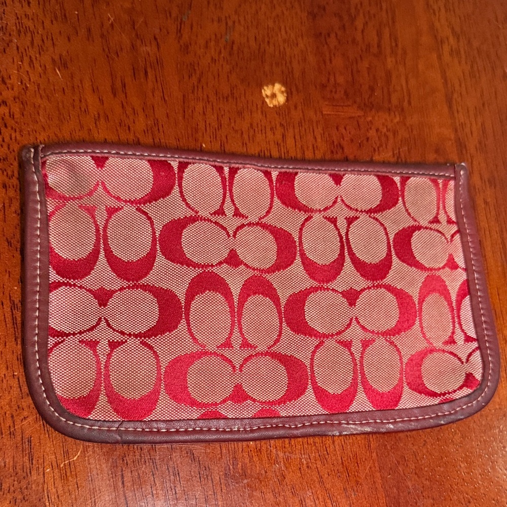 Coach Red and pink canvas leather trim signature  Patterned zip Pouch